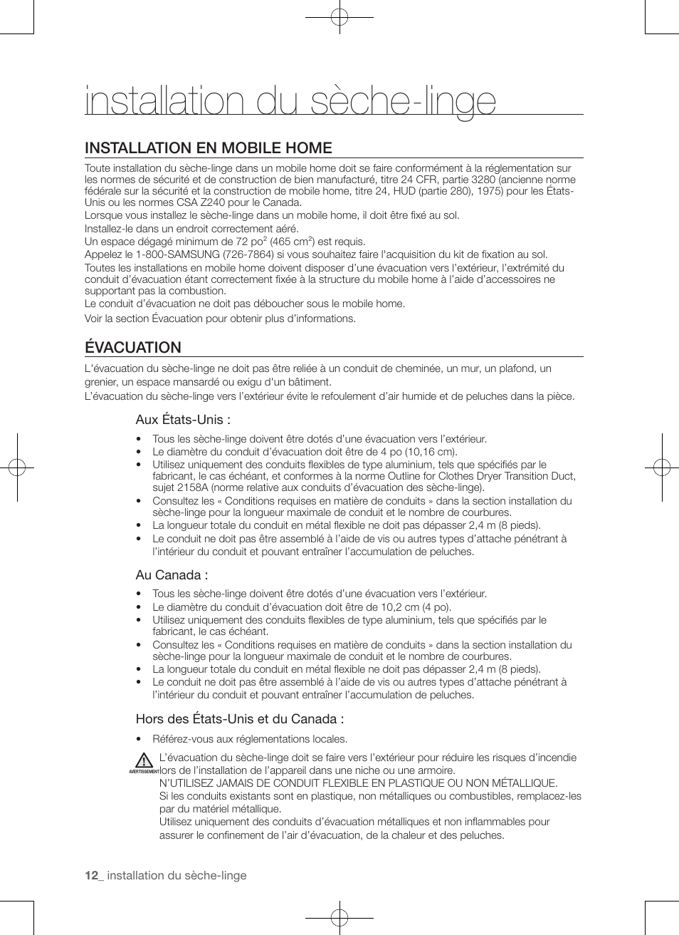 Installation du sèche-linge, Installation en mobile home, Évacuation | Samsung DV50F9A7GVP-A2 User Manual | Page 56 / 132