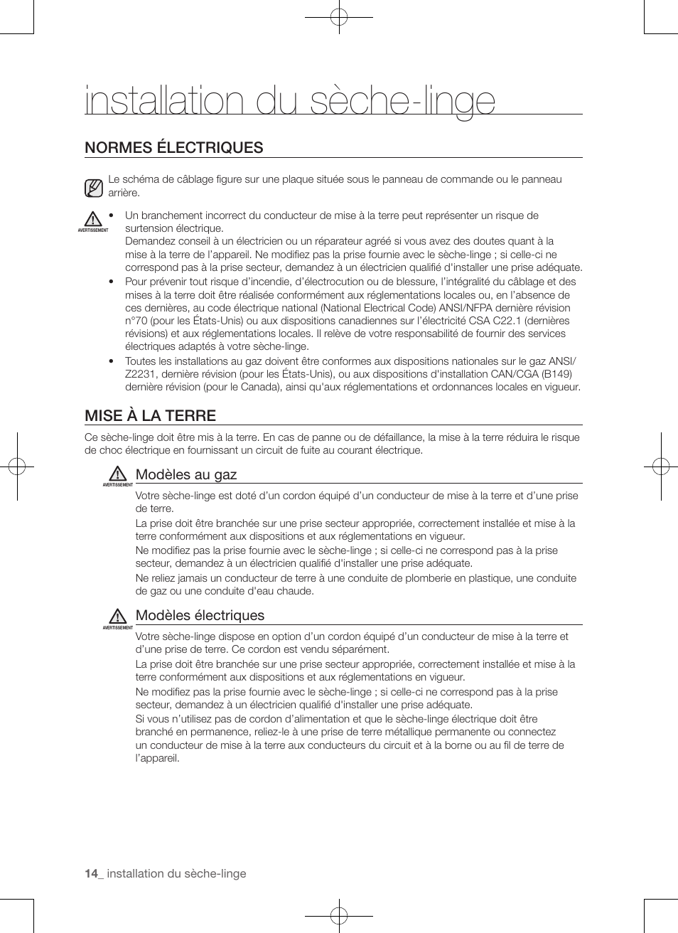 Installation du sèche-linge, Normes électriques, Mise à la terre | Modèles au gaz, Modèles électriques | Samsung DV50F9A7GVP-A2 User Manual | Page 58 / 132