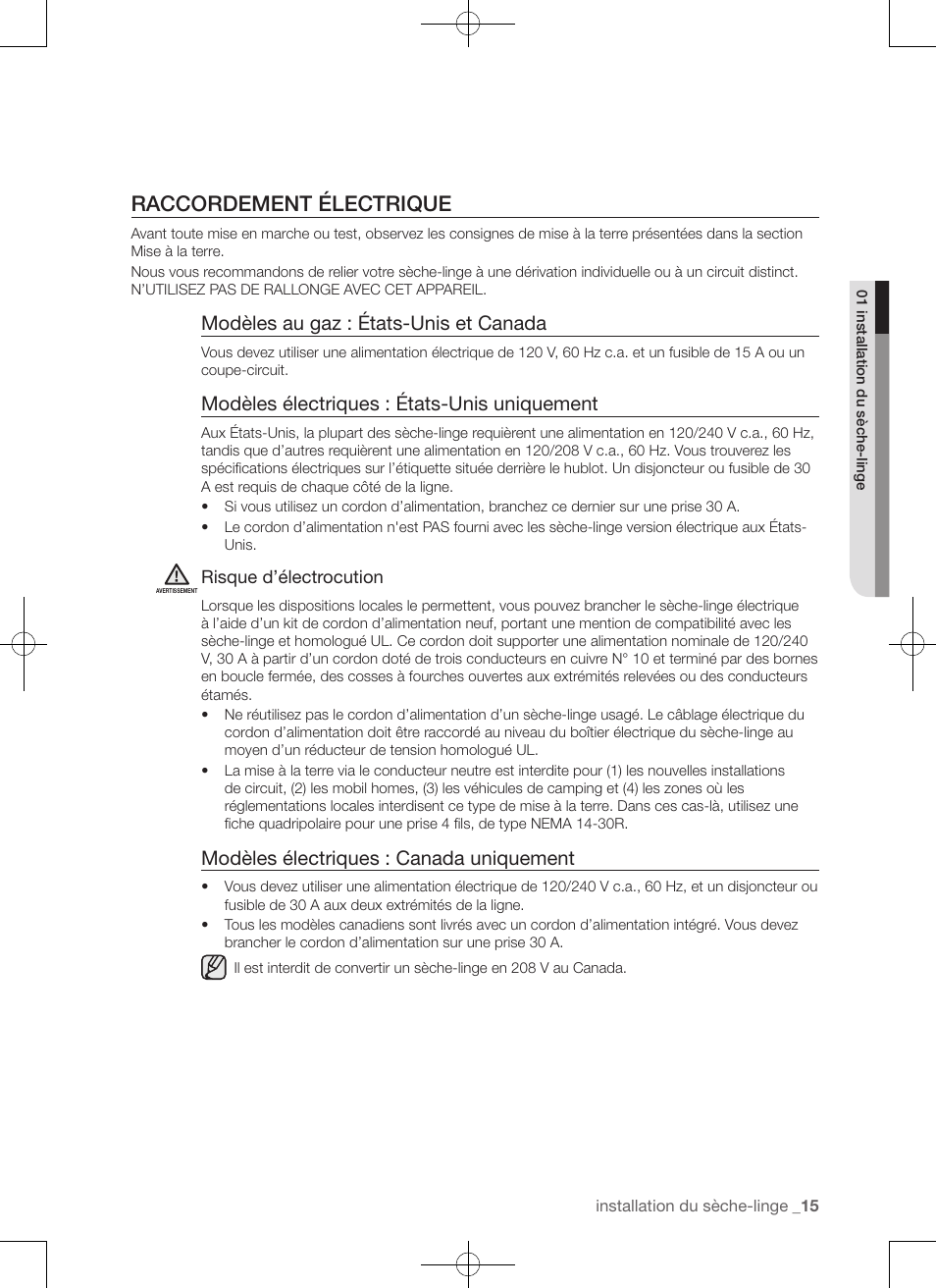 Raccordement électrique, Modèles au gaz : états-unis et canada, Modèles électriques : états-unis uniquement | Modèles électriques : canada uniquement | Samsung DV50F9A7GVP-A2 User Manual | Page 59 / 132