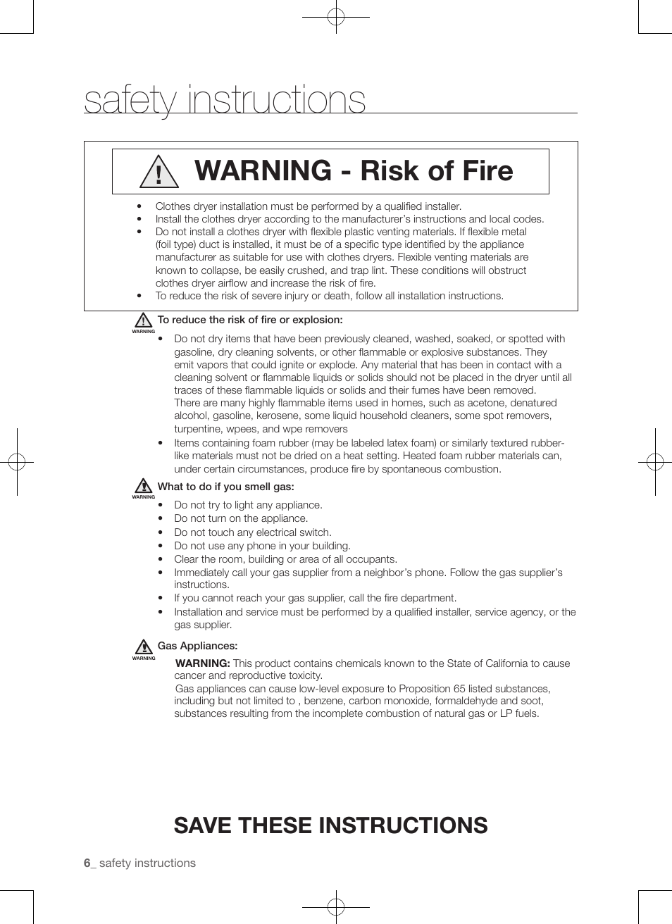 Safety instructions, Warning - risk of fire, Save these instructions | Samsung DV50F9A7GVP-A2 User Manual | Page 6 / 132