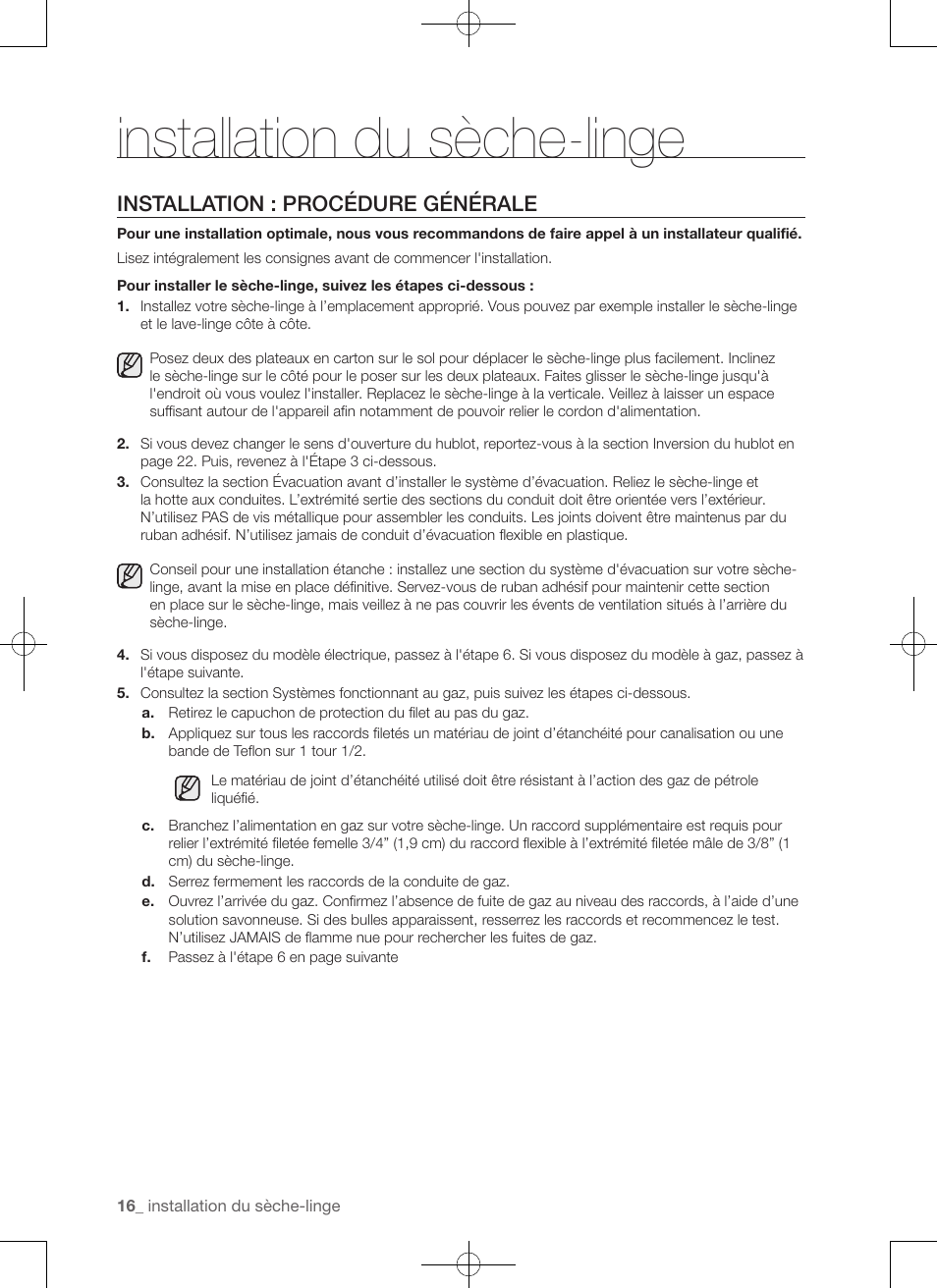 Installation du sèche-linge, Installation : procédure générale | Samsung DV50F9A7GVP-A2 User Manual | Page 60 / 132