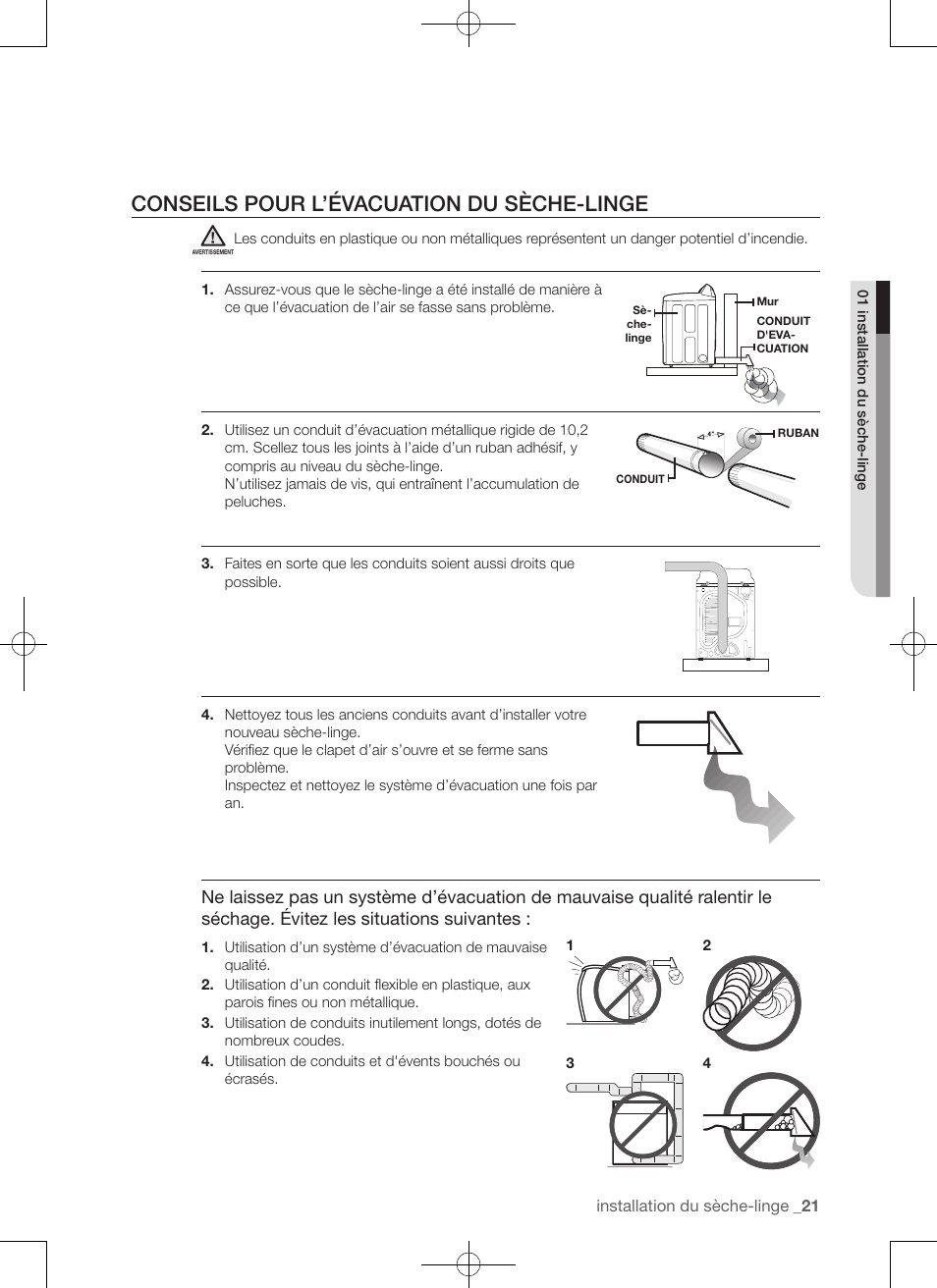 Conseils pour l’évacuation du sèche-linge | Samsung DV50F9A7GVP-A2 User Manual | Page 65 / 132