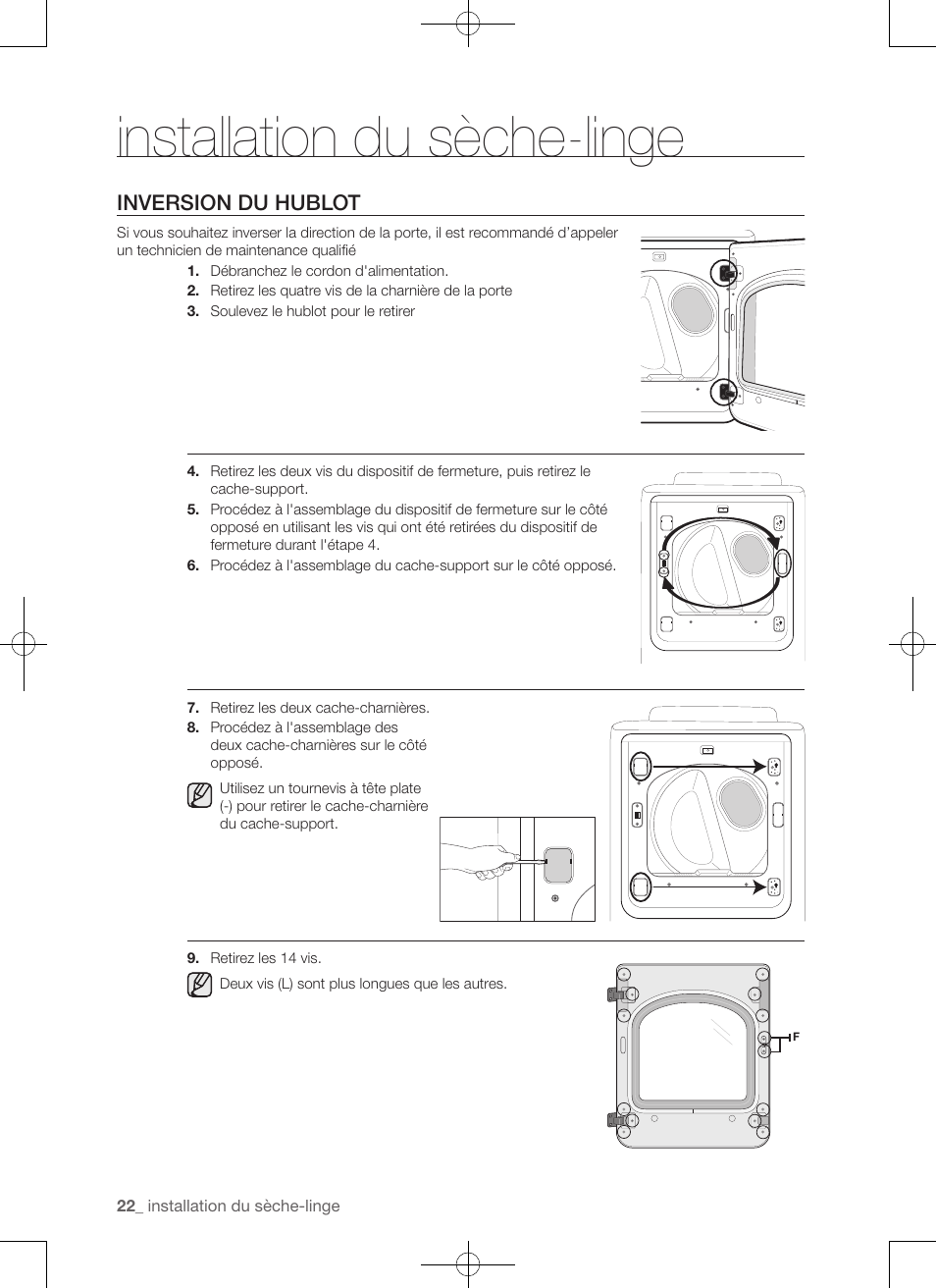 Installation du sèche-linge, Inversion du hublot | Samsung DV50F9A7GVP-A2 User Manual | Page 66 / 132