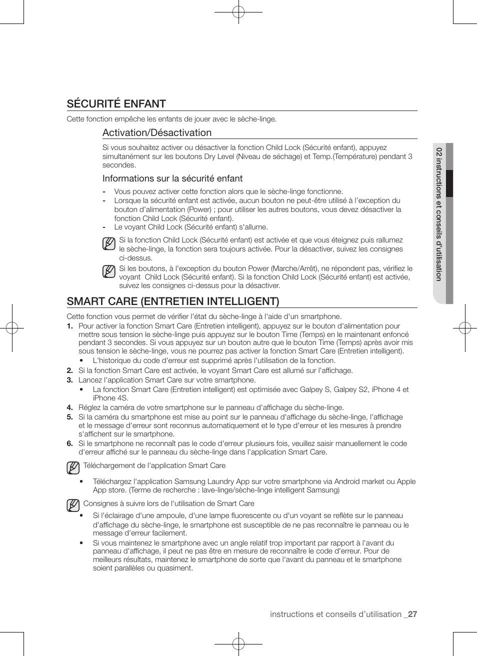 Sécurité enfant, Smart care (entretien intelligent), Activation/désactivation | Samsung DV50F9A7GVP-A2 User Manual | Page 71 / 132