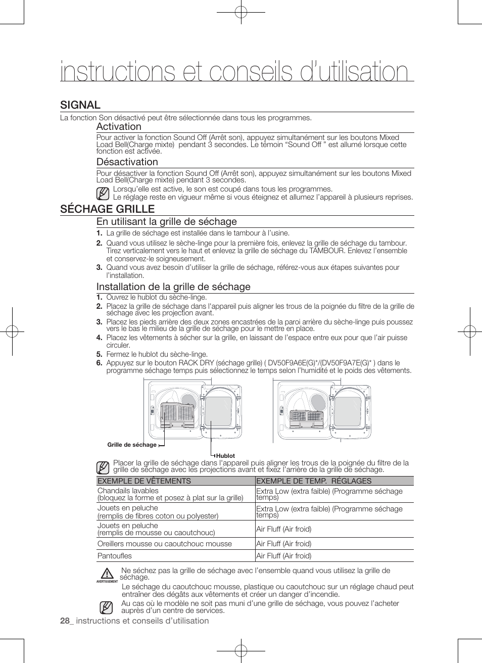 Instructions et conseils d’utilisation, Signal, Séchage grille | Activation, Désactivation, En utilisant la grille de séchage, Installation de la grille de séchage | Samsung DV50F9A7GVP-A2 User Manual | Page 72 / 132