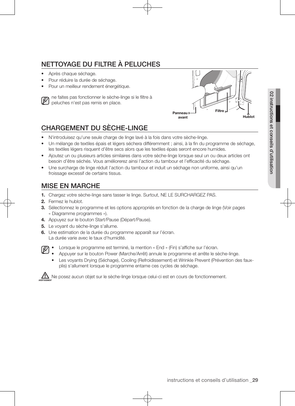 Nettoyage du filtre à peluches, Chargement du sèche-linge, Mise en marche | Samsung DV50F9A7GVP-A2 User Manual | Page 73 / 132