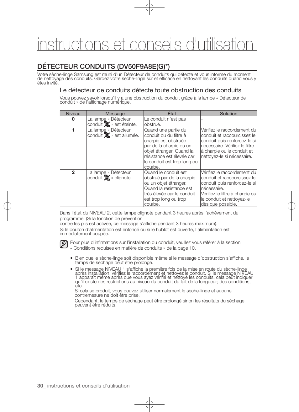 Instructions et conseils d’utilisation, Détecteur conduits (dv50f9a8e(g)*) | Samsung DV50F9A7GVP-A2 User Manual | Page 74 / 132