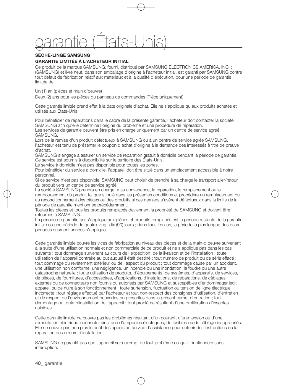 Garantie (états-unis) | Samsung DV50F9A7GVP-A2 User Manual | Page 84 / 132