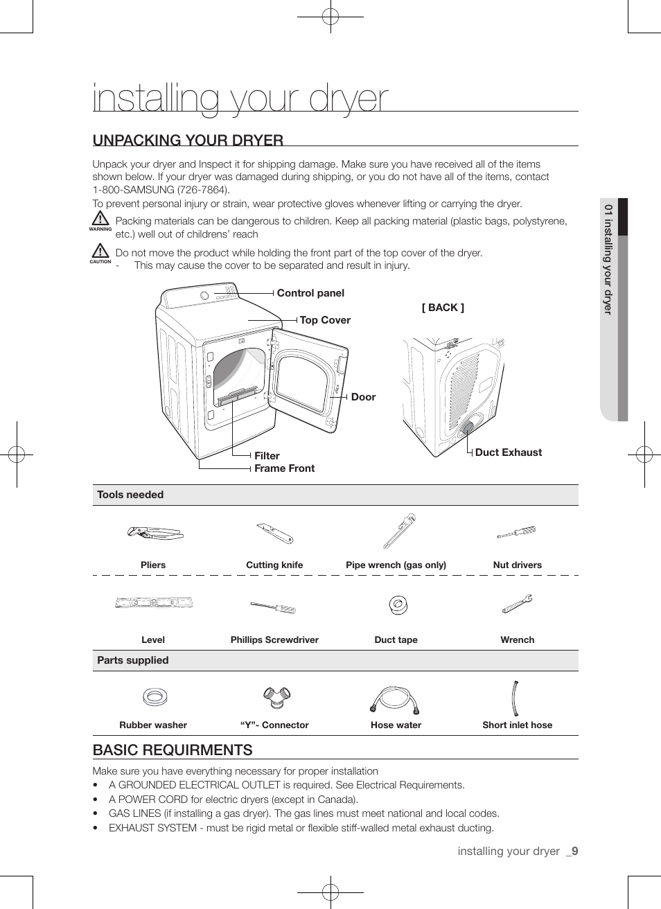 Installing your dryer, Unpacking your dryer, Basic requirments | Samsung DV50F9A7GVP-A2 User Manual | Page 9 / 132