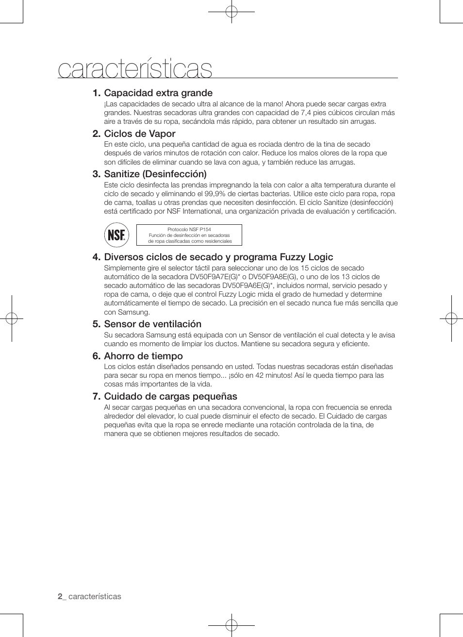 Características, Capacidad extra grande, Ciclos de vapor | Sanitize (desinfección), Diversos ciclos de secado y programa fuzzy logic, Sensor de ventilación, Ahorro de tiempo, Cuidado de cargas pequeñas | Samsung DV50F9A7GVP-A2 User Manual | Page 90 / 132