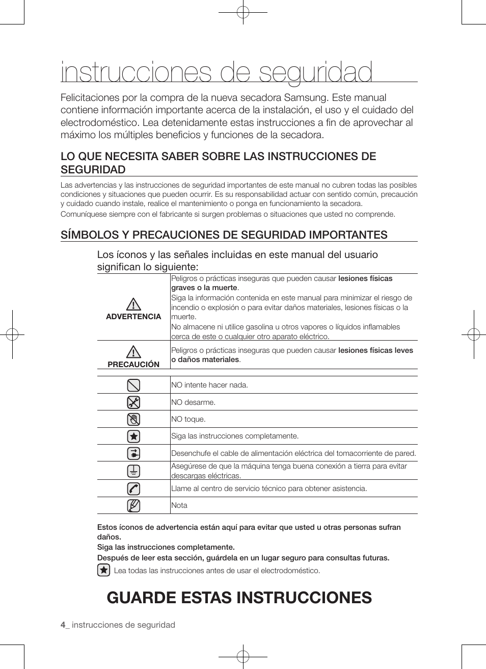 Instrucciones de seguridad, Guarde estas instrucciones, Símbolos y precauciones de seguridad importantes | Samsung DV50F9A7GVP-A2 User Manual | Page 92 / 132