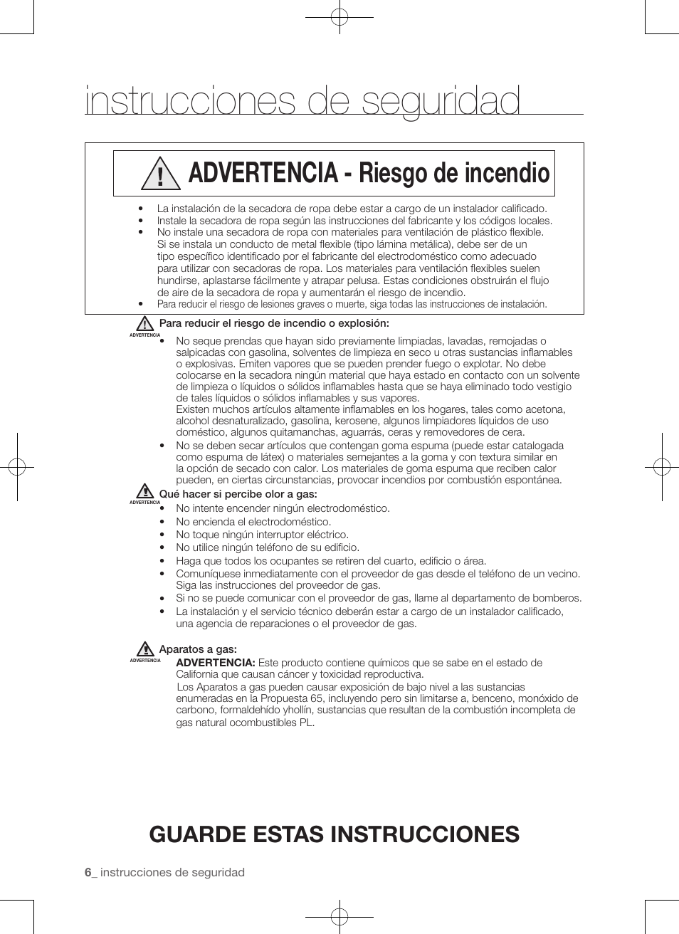 Instrucciones de seguridad, Advertencia - riesgo de incendio, Guarde estas instrucciones | Samsung DV50F9A7GVP-A2 User Manual | Page 94 / 132