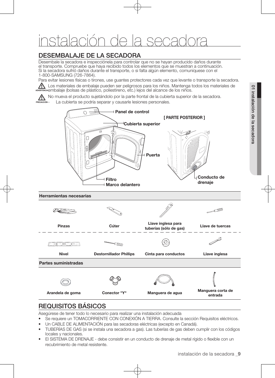 Instalación de la secadora, Desembalaje de la secadora, Requisitos básicos | Samsung DV50F9A7GVP-A2 User Manual | Page 97 / 132