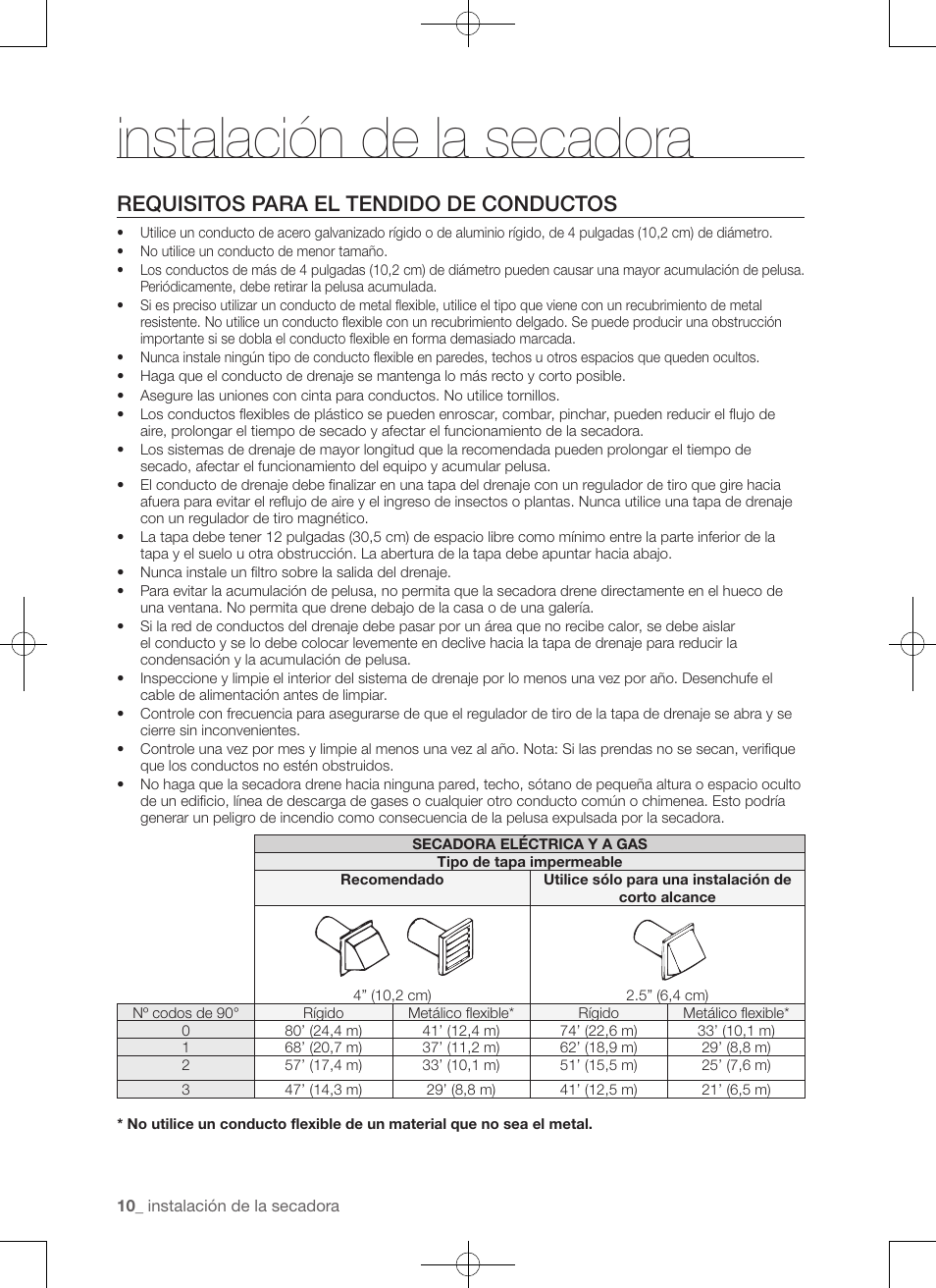 Instalación de la secadora, Requisitos para el tendido de conductos | Samsung DV50F9A7GVP-A2 User Manual | Page 98 / 132