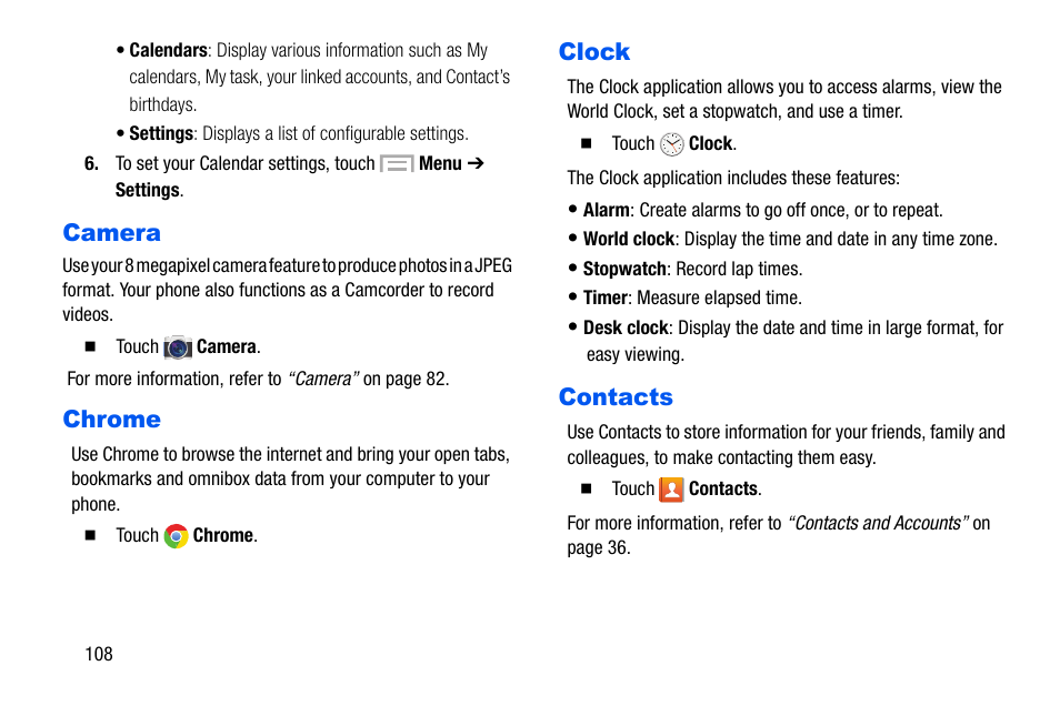 Camera, Chrome, Clock | Contacts, Camera chrome clock contacts | Samsung SCH-I535MBPVZW User Manual | Page 115 / 179