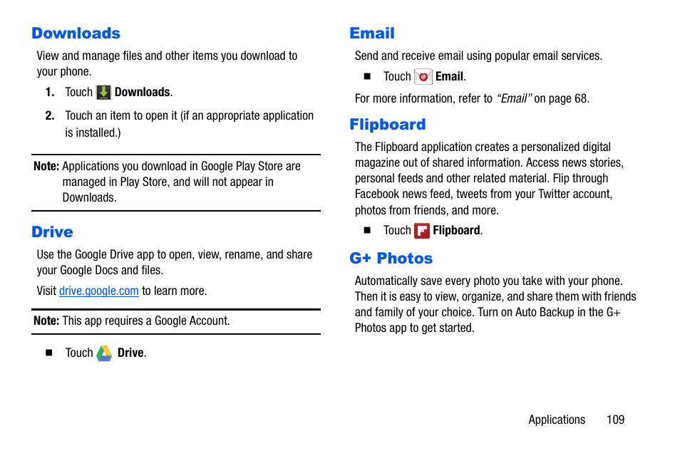 Downloads, Drive, Email | Flipboard, G+ photos, Drive email flipboard g+ photos | Samsung SCH-I535MBPVZW User Manual | Page 116 / 179