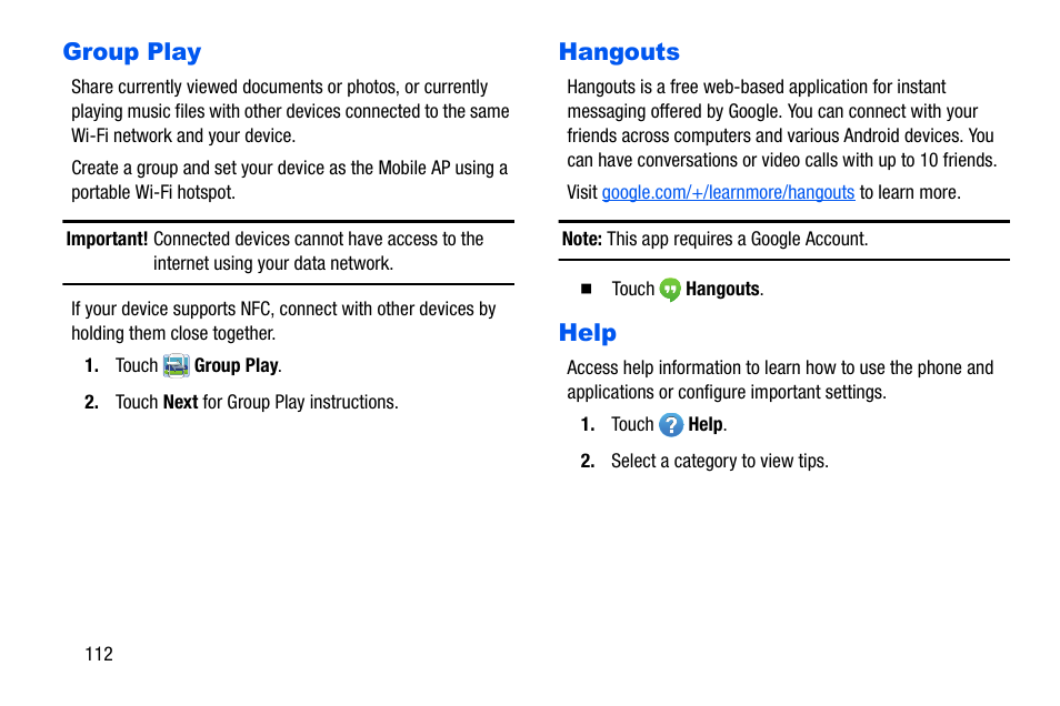 Group play, Hangouts, Help | Group play hangouts help | Samsung SCH-I535MBPVZW User Manual | Page 119 / 179