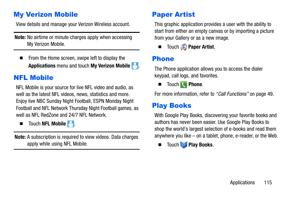 My verizon mobile, Nfl mobile, Paper artist | Phone, Play books | Samsung SCH-I535MBPVZW User Manual | Page 122 / 179