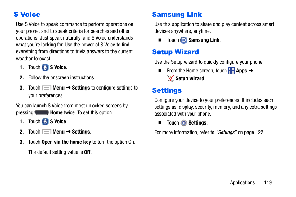 S voice, Samsung link, Setup wizard | Settings, S voice samsung link setup wizard settings | Samsung SCH-I535MBPVZW User Manual | Page 126 / 179