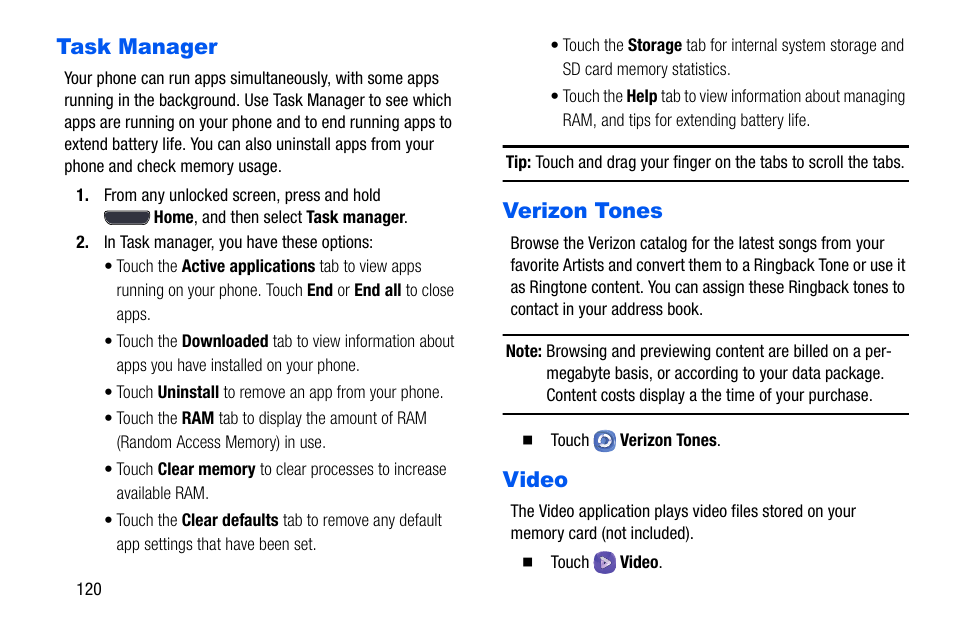 Task manager, Verizon tones, Video | Task manager verizon tones video | Samsung SCH-I535MBPVZW User Manual | Page 127 / 179