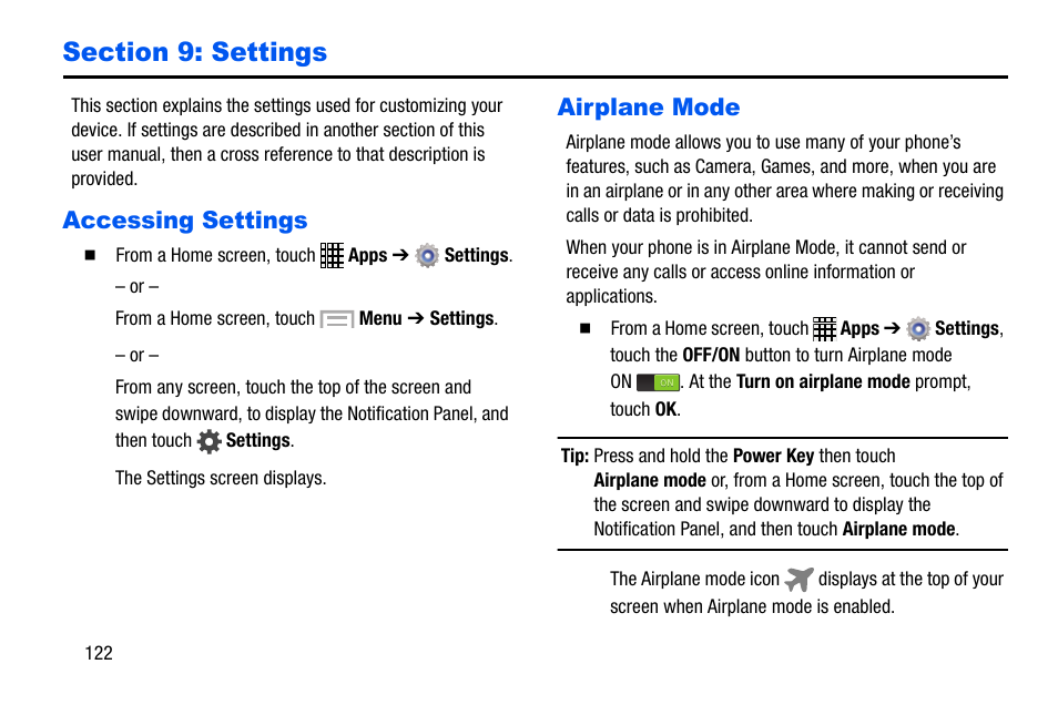 Section 9: settings, Accessing settings, Airplane mode | Accessing settings airplane mode | Samsung SCH-I535MBPVZW User Manual | Page 129 / 179