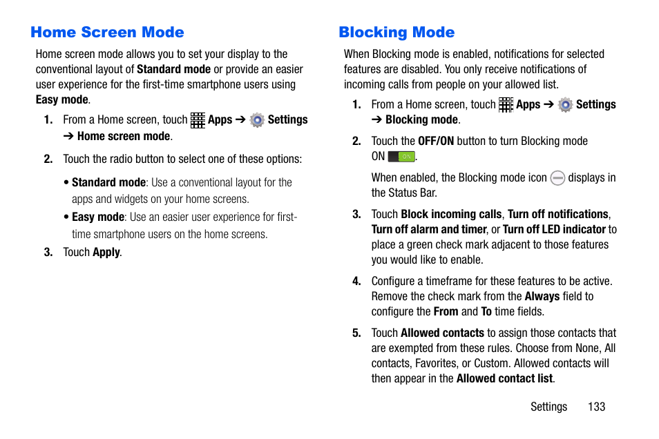 Home screen mode, Blocking mode, Home screen mode blocking mode | Samsung SCH-I535MBPVZW User Manual | Page 140 / 179