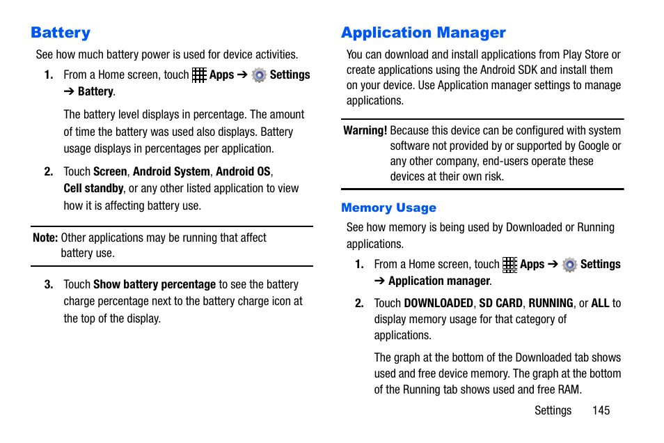Battery, Application manager, Battery application manager | Samsung SCH-I535MBPVZW User Manual | Page 152 / 179