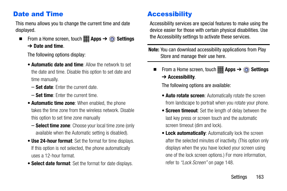 Date and time, Accessibility | Samsung SCH-I535MBPVZW User Manual | Page 170 / 179