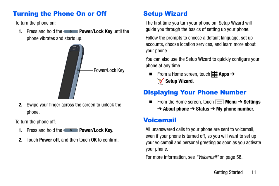 Turning the phone on or off, Setup wizard, Displaying your phone number | Voicemail | Samsung SCH-I535MBPVZW User Manual | Page 18 / 179