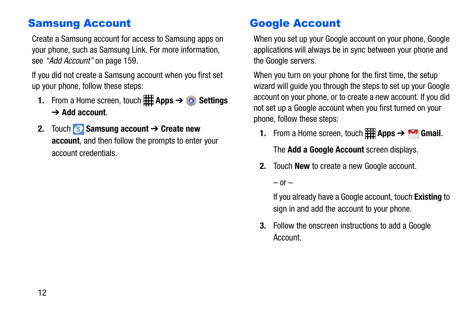 Samsung account, Google account, Samsung account google account | Samsung SCH-I535MBPVZW User Manual | Page 19 / 179