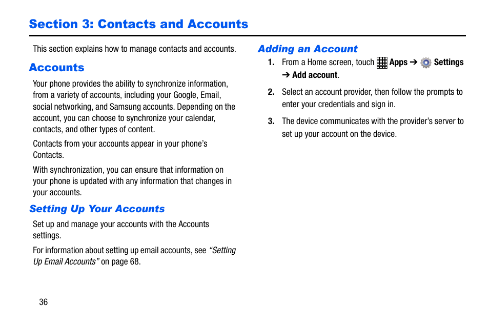 Section 3: contacts and accounts, Accounts | Samsung SCH-I535MBPVZW User Manual | Page 43 / 179