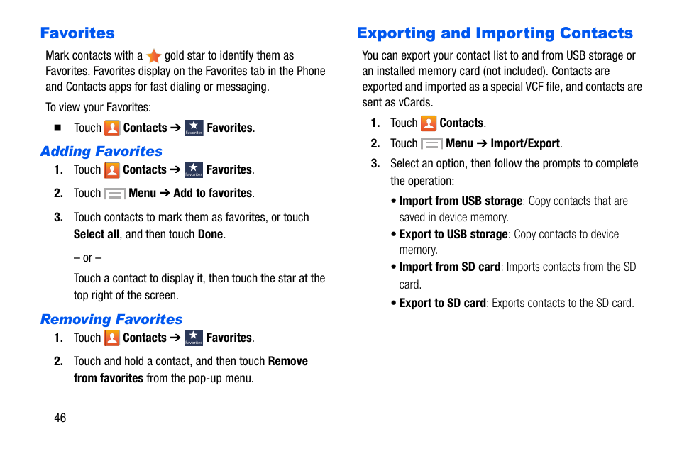 Favorites, Exporting and importing contacts, Favorites exporting and importing contacts | Samsung SCH-I535MBPVZW User Manual | Page 53 / 179