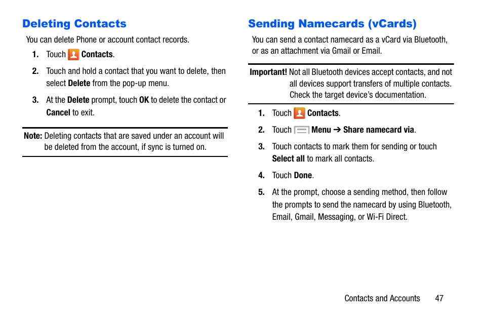 Deleting contacts, Sending namecards (vcards), Deleting contacts sending namecards (vcards) | Samsung SCH-I535MBPVZW User Manual | Page 54 / 179