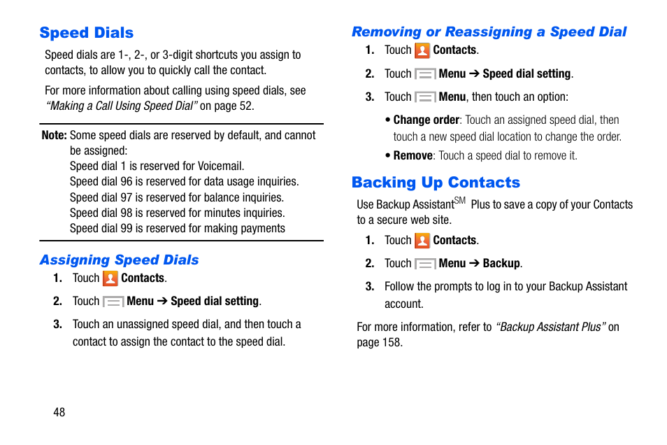 Speed dials, Backing up contacts, Speed dials backing up contacts | Samsung SCH-I535MBPVZW User Manual | Page 55 / 179