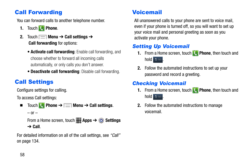 Call forwarding, Call settings, Voicemail | Call forwarding call settings voicemail | Samsung SCH-I535MBPVZW User Manual | Page 65 / 179
