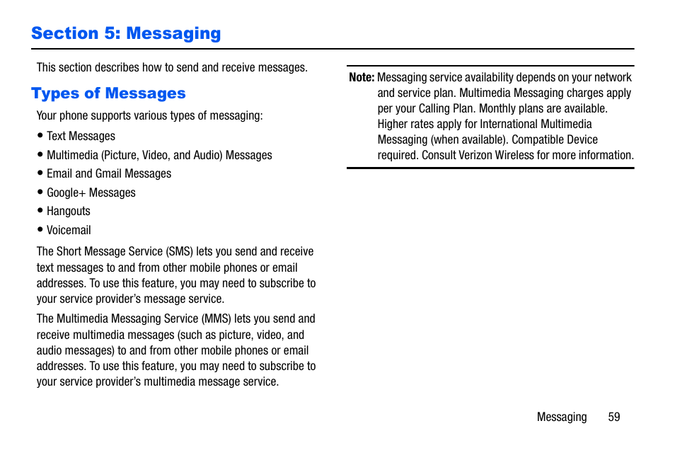 Section 5: messaging, Types of messages | Samsung SCH-I535MBPVZW User Manual | Page 66 / 179