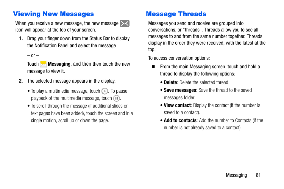 Viewing new messages, Message threads, Viewing new messages message threads | Samsung SCH-I535MBPVZW User Manual | Page 68 / 179