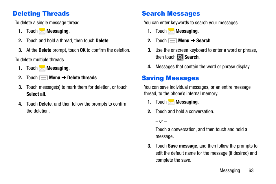 Deleting threads, Search messages, Saving messages | Deleting threads search messages saving messages | Samsung SCH-I535MBPVZW User Manual | Page 70 / 179