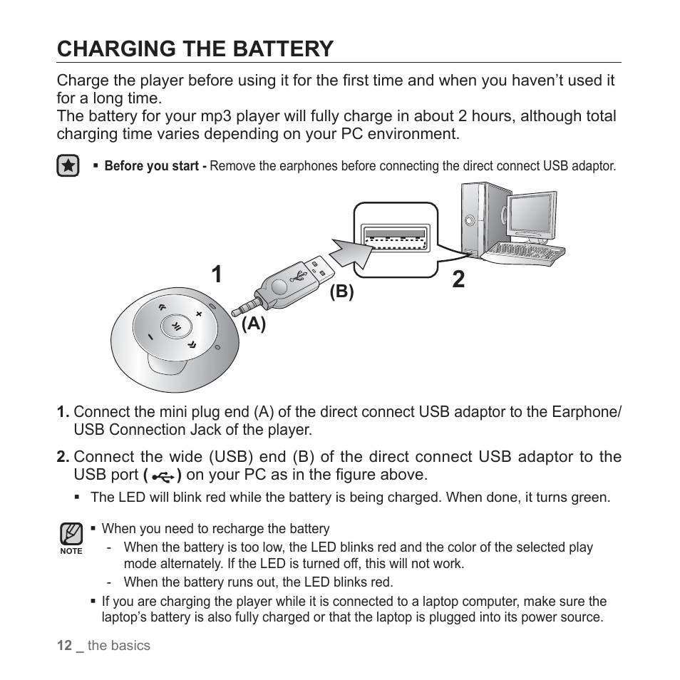 Charging the battery, A) (b) | Samsung YP-S2QU-XAA User Manual | Page 12 / 38