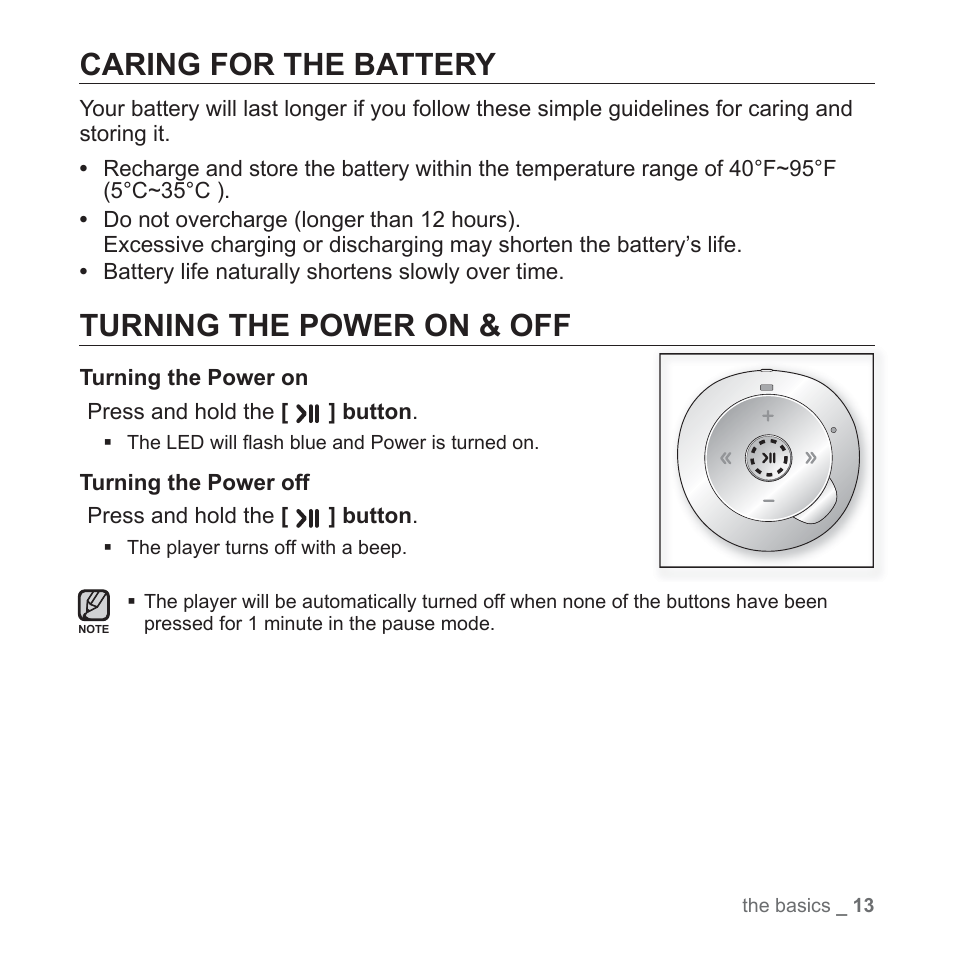 Caring for the battery, Turning the power on & off | Samsung YP-S2QU-XAA User Manual | Page 13 / 38