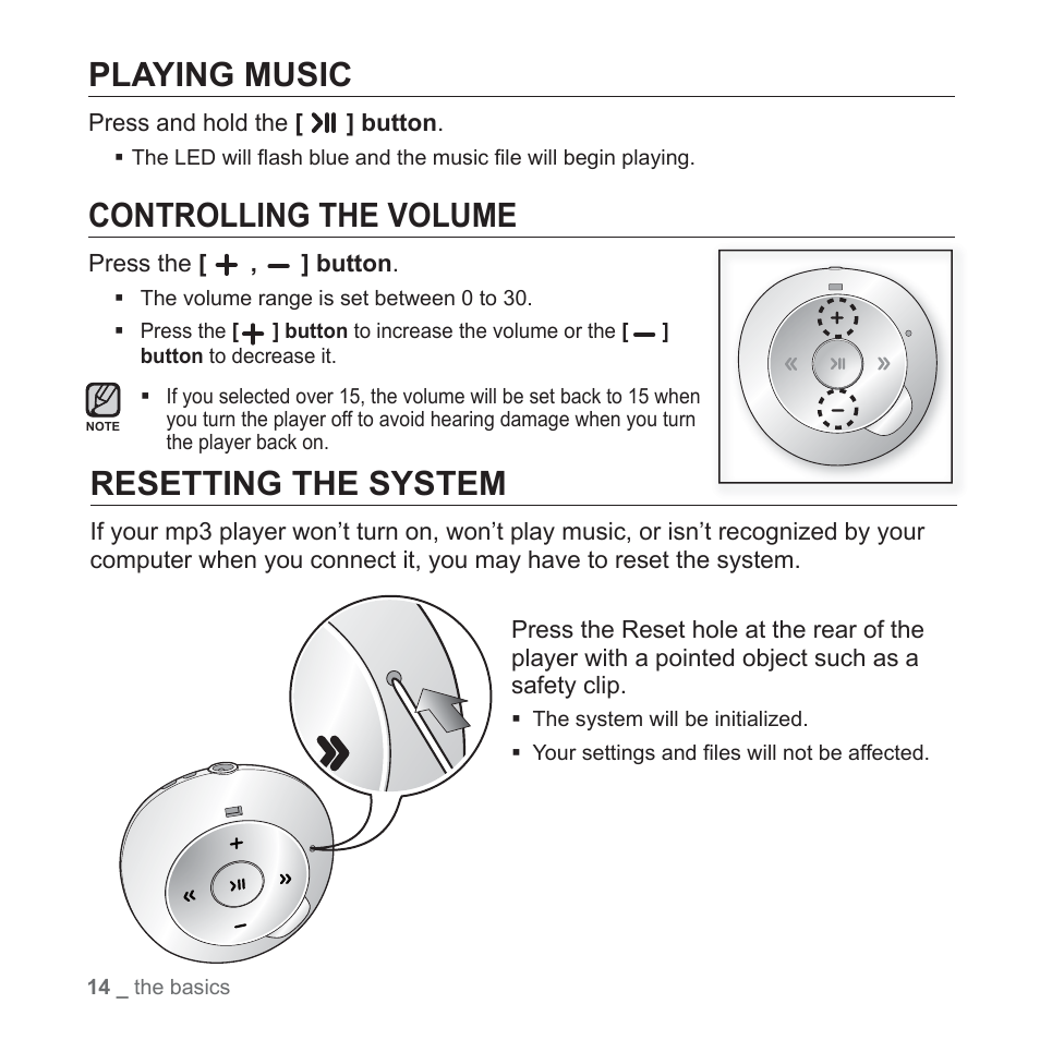 Playing music, Controlling the volume, Resetting the system | Samsung YP-S2QU-XAA User Manual | Page 14 / 38