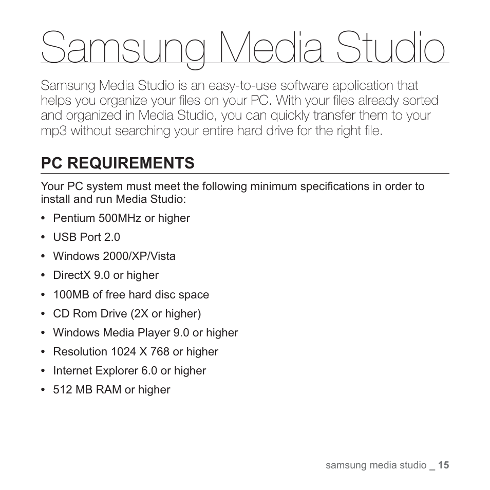 Samsung media studio, Pc requirements | Samsung YP-S2QU-XAA User Manual | Page 15 / 38