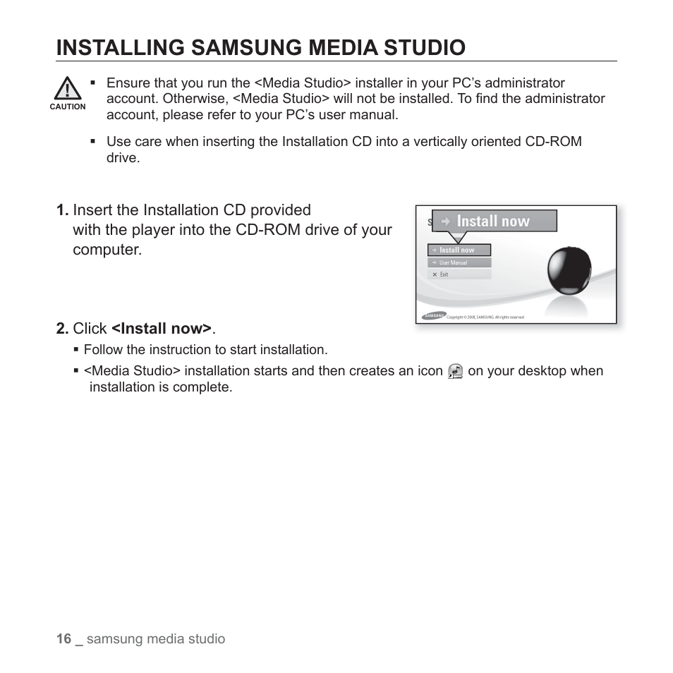Installing samsung media studio | Samsung YP-S2QU-XAA User Manual | Page 16 / 38