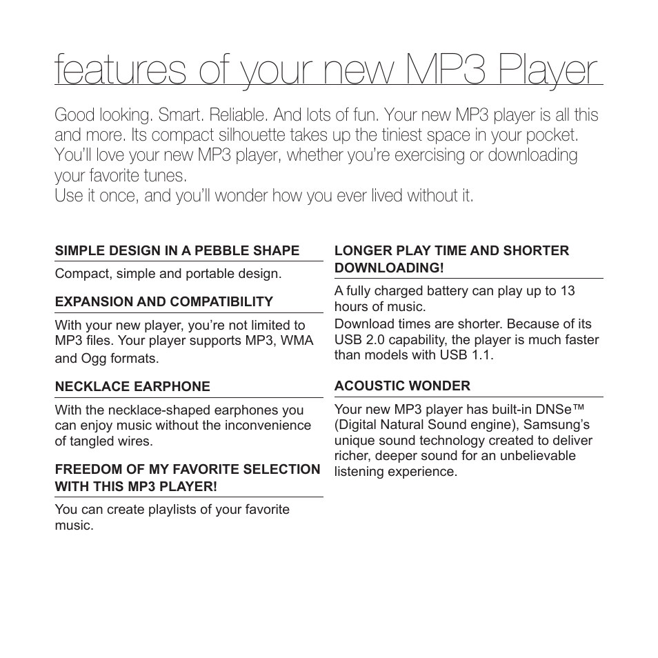 Features of your new mp3 player | Samsung YP-S2QU-XAA User Manual | Page 2 / 38