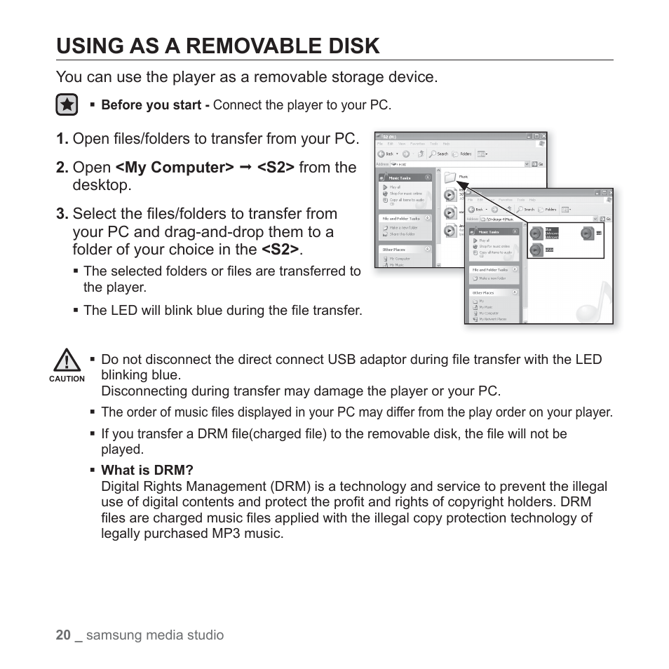 Using as a removable disk | Samsung YP-S2QU-XAA User Manual | Page 20 / 38