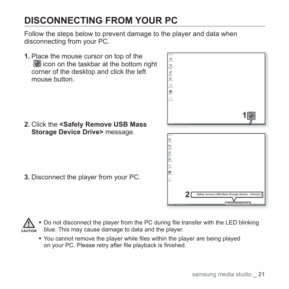 Disconnecting from your pc | Samsung YP-S2QU-XAA User Manual | Page 21 / 38