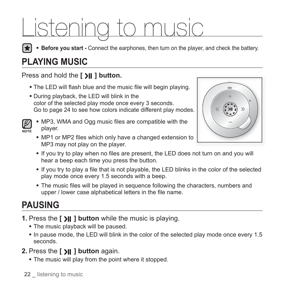 Listening to music, Playing music, Pausing | Samsung YP-S2QU-XAA User Manual | Page 22 / 38