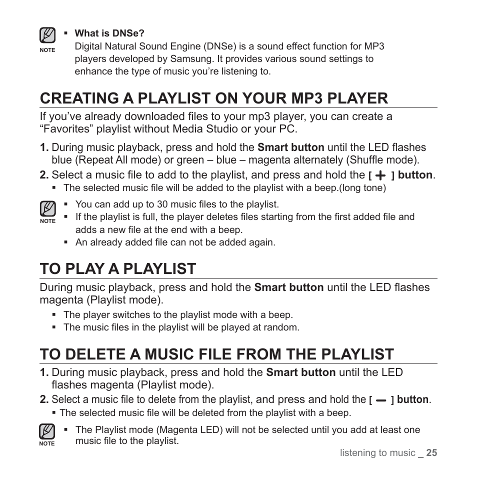 Creating a playlist on your mp3 player, To play a playlist, To delete a music file from the playlist | Samsung YP-S2QU-XAA User Manual | Page 25 / 38