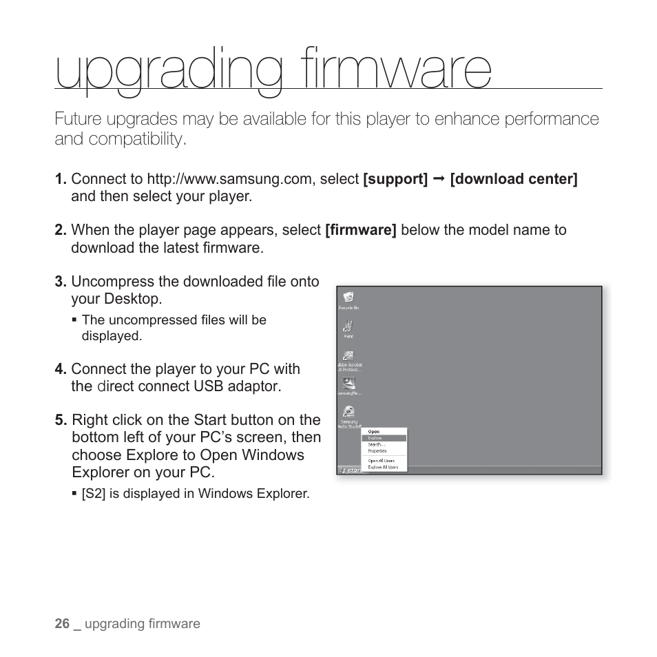 Upgrading firmware, Upgrading fi rmware | Samsung YP-S2QU-XAA User Manual | Page 26 / 38