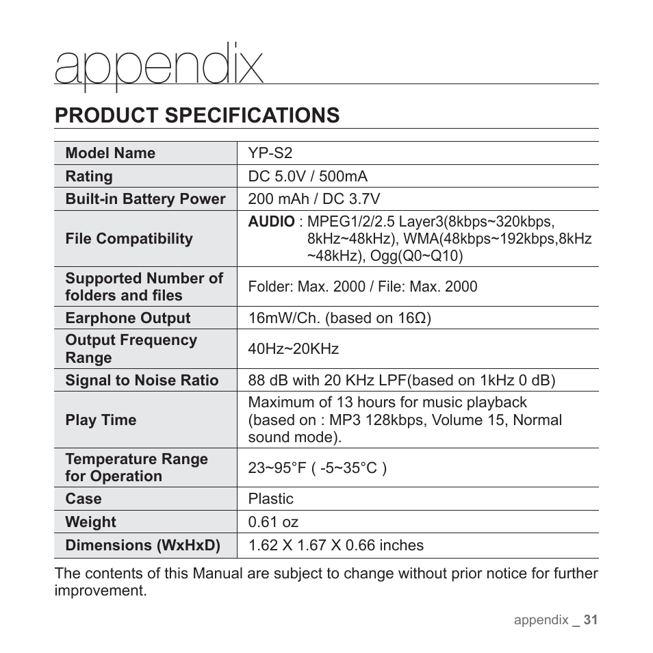Appendix, Product specifications | Samsung YP-S2QU-XAA User Manual | Page 31 / 38
